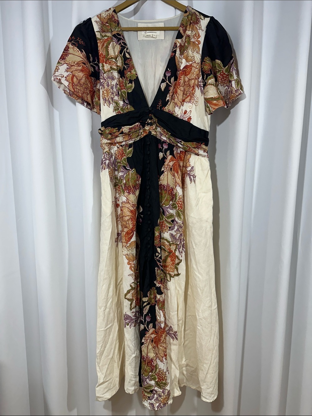 Anthropologie Floral Boho Maxi Dress Medium Cotton Empire Waist Pockets